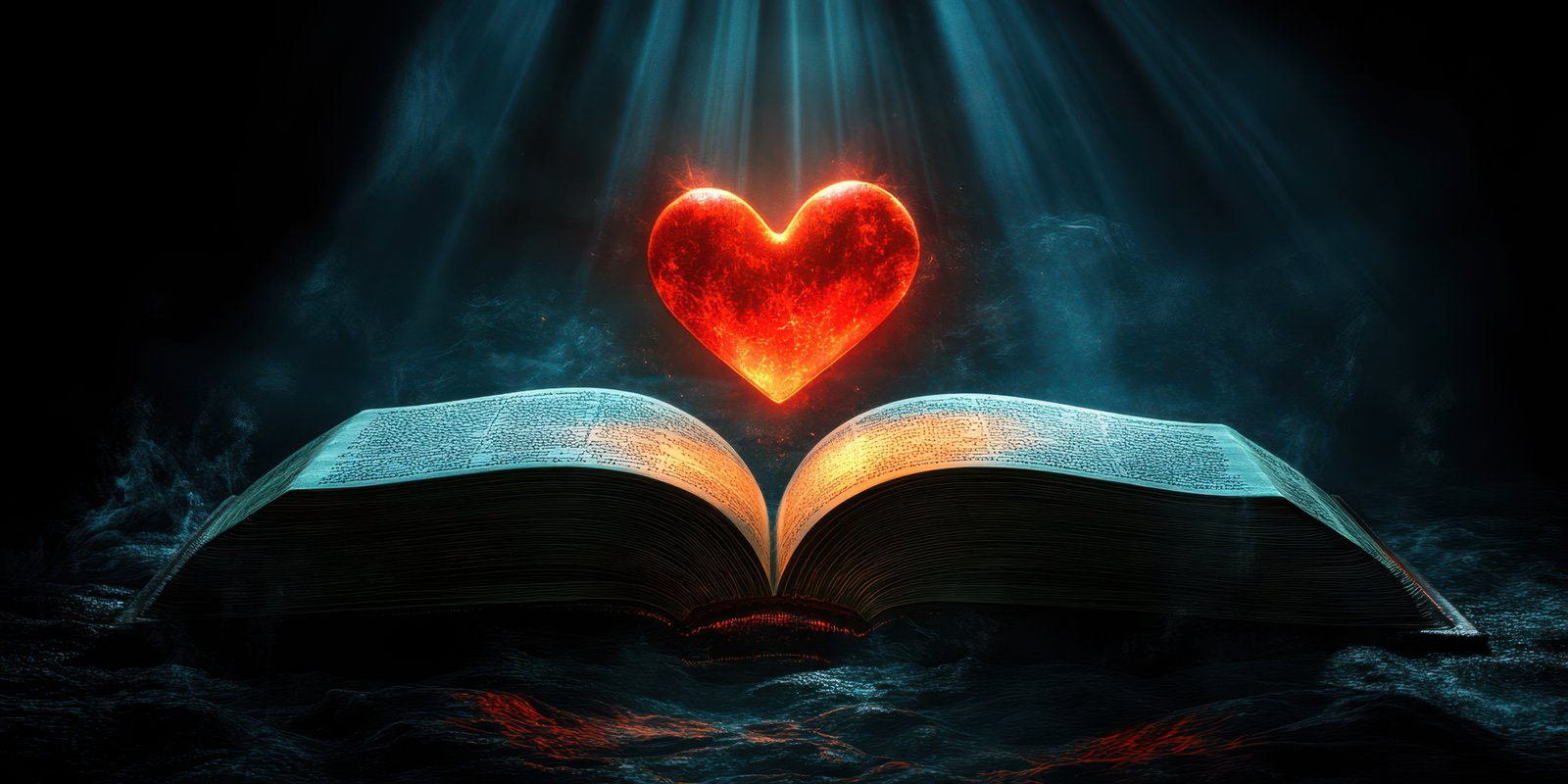 Open book with glowing heart illuminated by dramatic light in a dark setting creates a mystical atmosphere